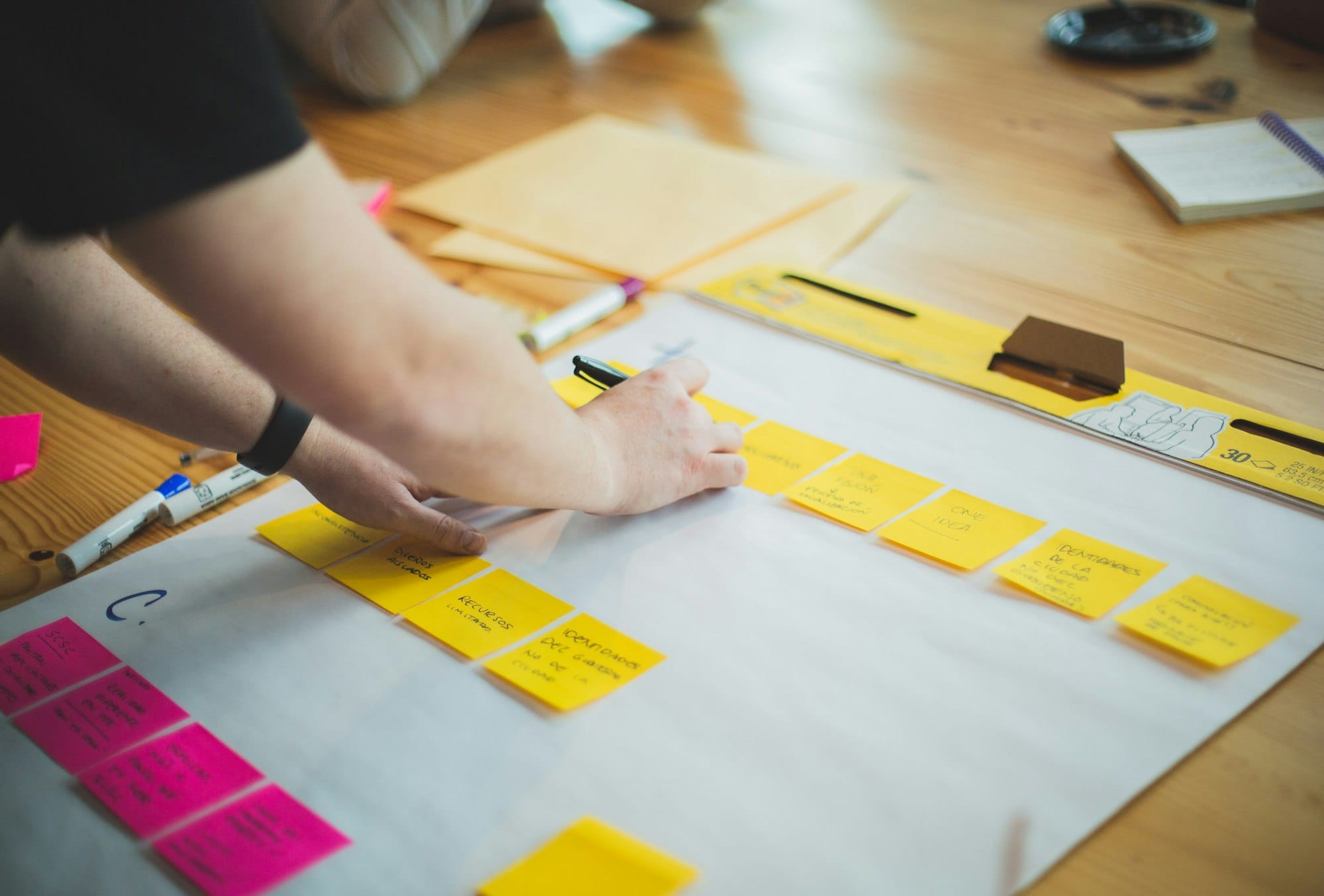 Handen ordenen gele en roze plakbriefjes op een planbord